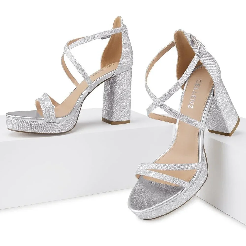 Women's Pink-Glitter Sandal Stylish Comfortable Chunky Blocked Strappy Heel Shoe